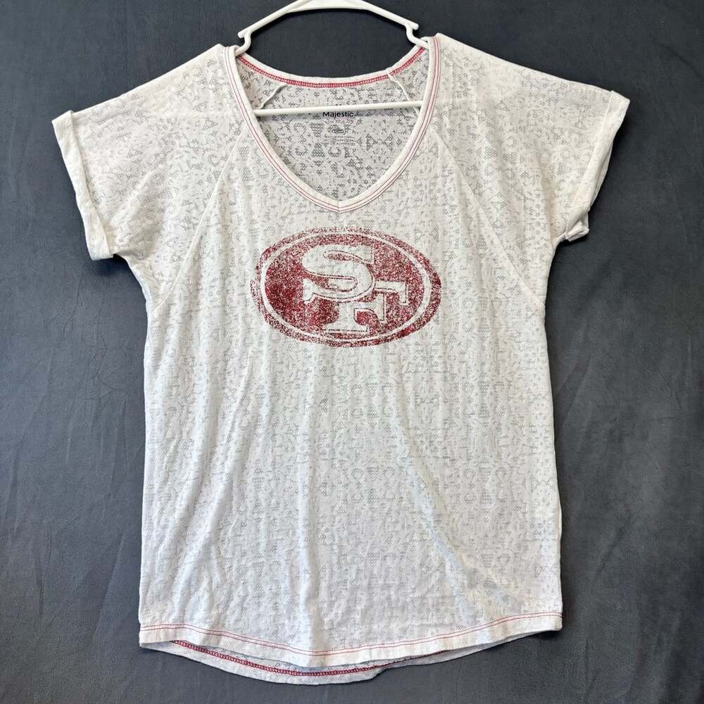 Majestic San Francisco 49ers V-Neck T-Shirt Size S White Fan Fashion Burnout